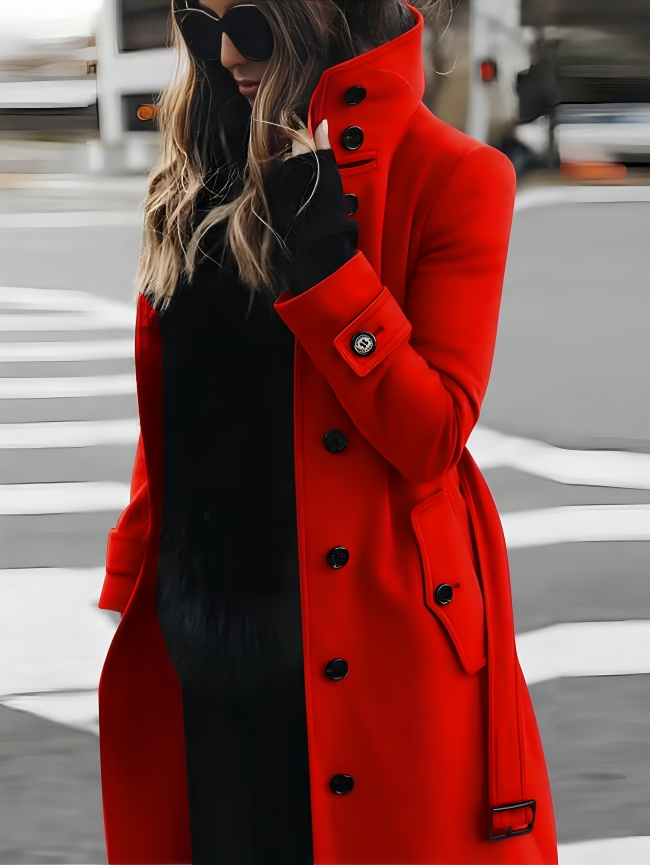 Long Womens Coat With Stand Up Collar And Bow Belt For Fashionable Women Timeless Elegant Everyday Essential