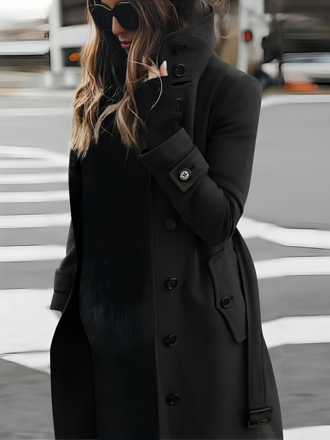 Long Womens Coat With Stand Up Collar And Bow Belt For Fashionable Women Timeless Elegant Everyday Essential