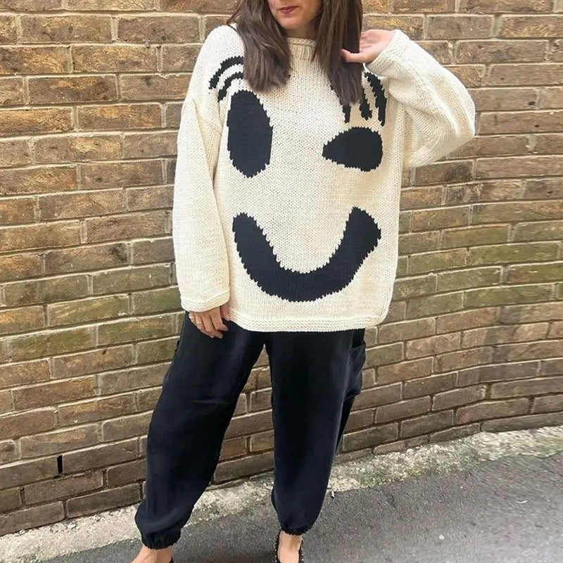 Oversized Boho Cardigan With Smiley Design For Cozy Autumn Comfort Women Fashion