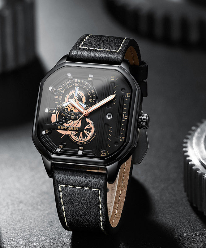 Montres uniques en cuir noir avec mouvement à quartz noctilucent - TrendAura