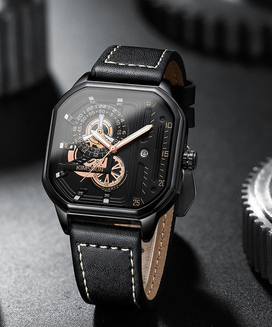 Montres uniques en cuir noir avec mouvement à quartz noctilucent - TrendAura