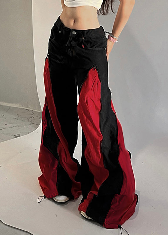 Pantalon large en coton noir à cordon de serrage et patchwork unique pour le printemps - TrendAura