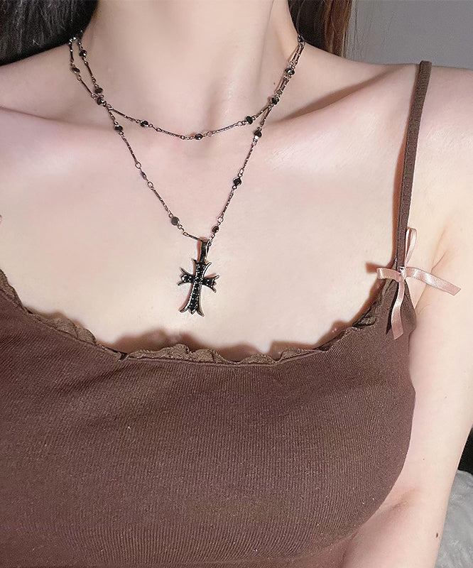 Collier pendentif croix double couche unique en acier inoxydable noir - TrendAura