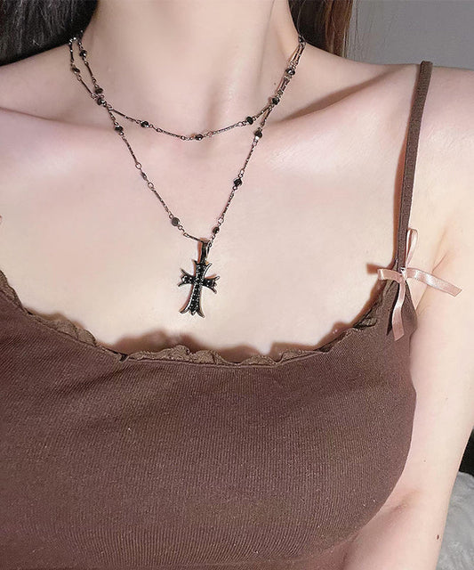 Collier pendentif croix double couche unique en acier inoxydable noir - TrendAura