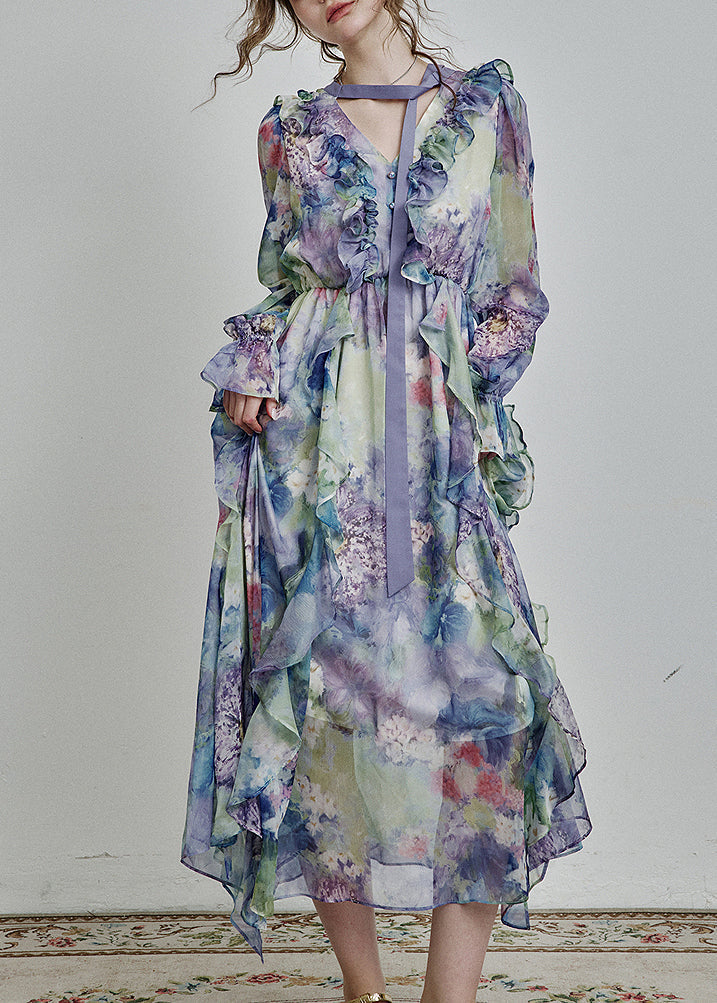 Robe longue en mousseline de soie bleue unique à col en V et volants, imprimée, printemps - TrendAura