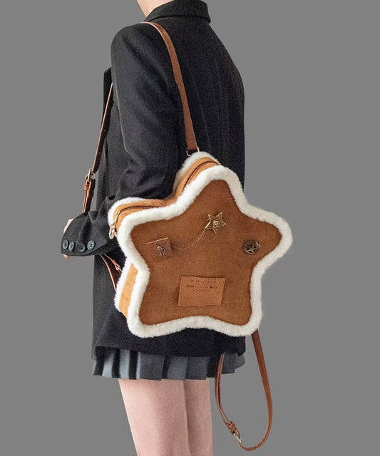 Sac à dos unique en faux daim marron à motif étoile à cinq branches - TrendAura