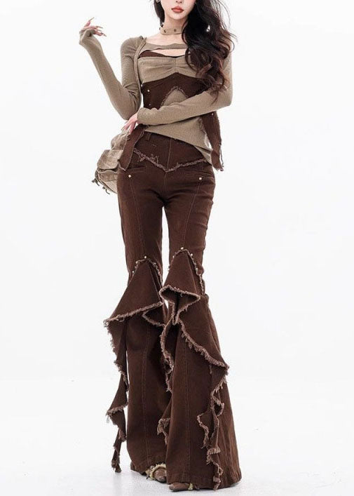Pantalon en denim patchwork à volants et pompons marron unique pour l'automne - TrendAura
