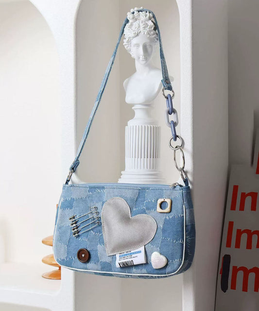 Sacs à main bandoulière uniques en denim bleu imprimé patchwork Love - TrendAura