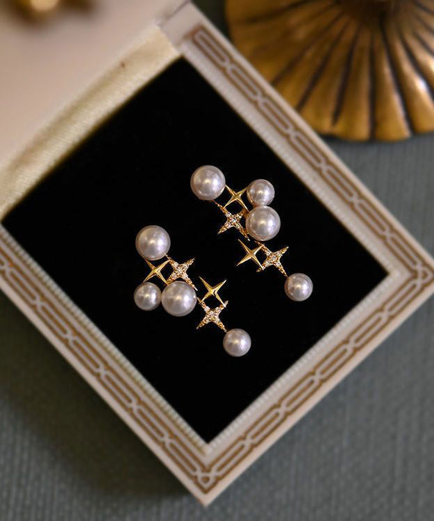 Boucles d'oreilles à tige en argent sterling et perles dorées uniques - TrendAura