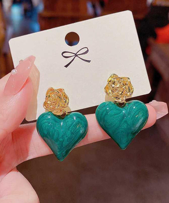 Boucles d'oreilles pendantes uniques en alliage vert émaillé rose Love - TrendAura