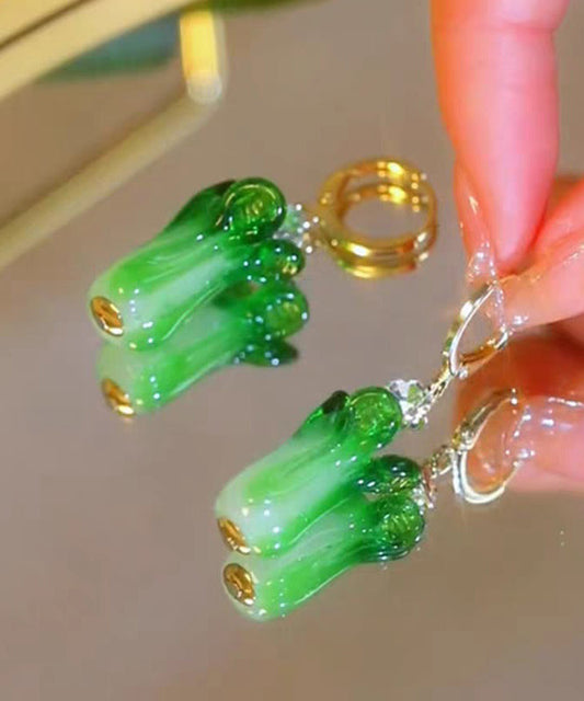 Boucles d'oreilles pendantes uniques en argent sterling vert avec glaçure colorée en forme de chou chinois - TrendAura