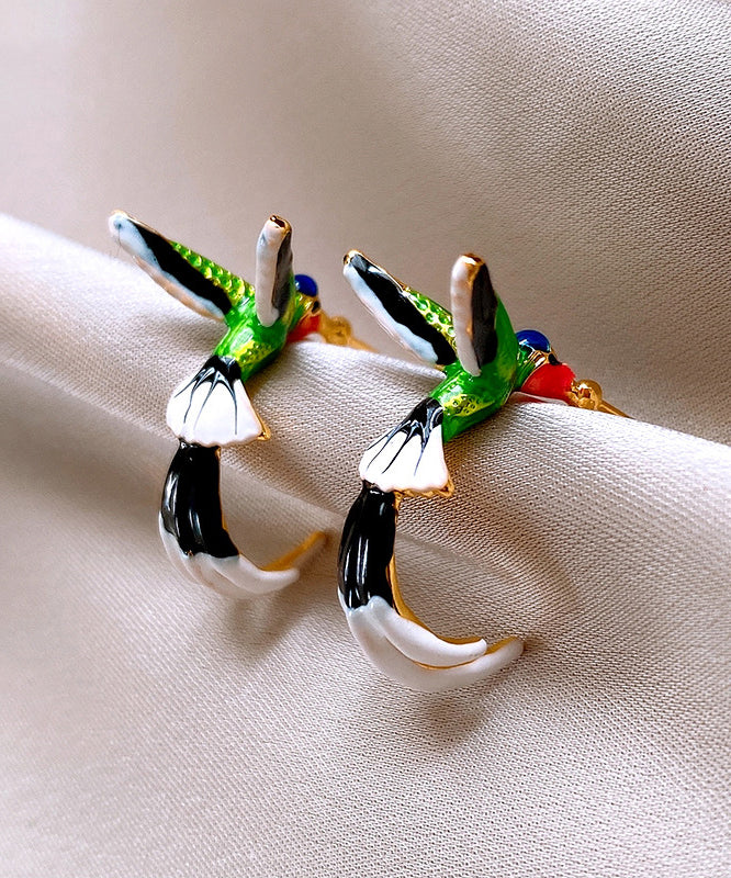Boucles d'oreilles créoles uniques en cuivre émaillé multicolore à motif de petits oiseaux - TrendAura