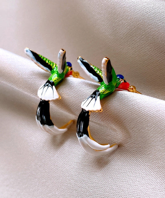 Boucles d'oreilles créoles uniques en cuivre émaillé multicolore à motif de petits oiseaux - TrendAura