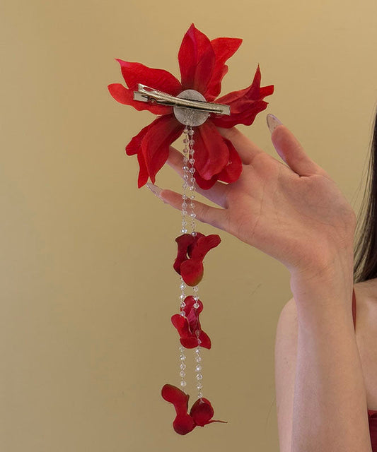 Épingle à cheveux unique en forme de pompon avec perles de rocaille florales rouges - TrendAura