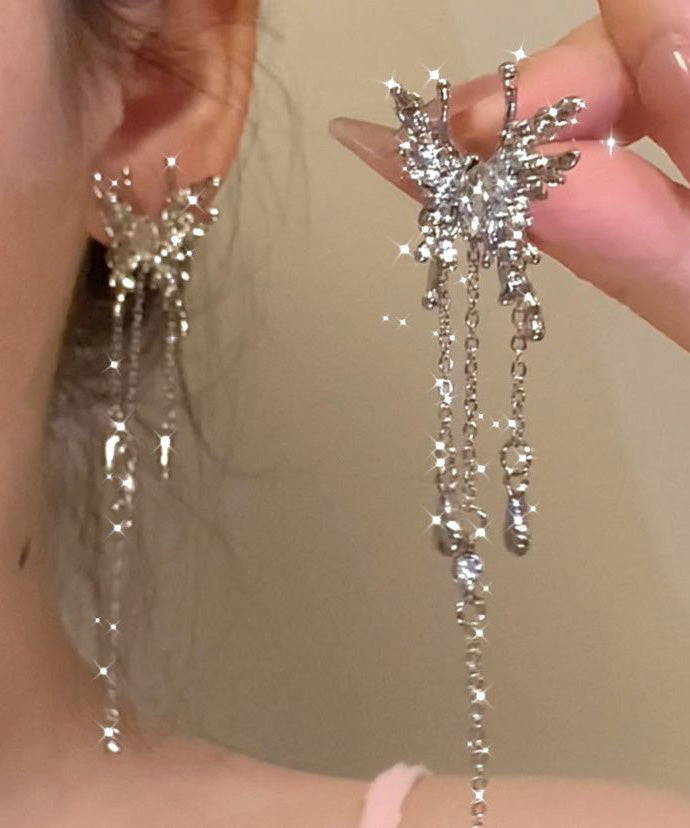 Boucles d'oreilles pendantes uniques en alliage de métal et soie avec pampilles papillon et zircon - TrendAura