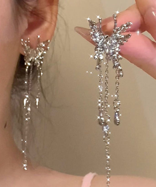 Boucles d'oreilles pendantes uniques en alliage de métal et soie avec pampilles papillon et zircon - TrendAura