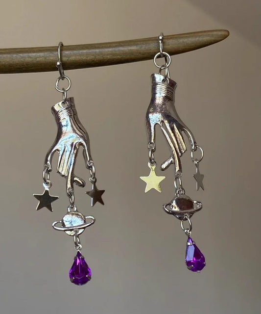 Boucles d'oreilles pendantes uniques en soie, acier inoxydable et cristal, ornées d'une étoile à cinq branches. - TrendAura