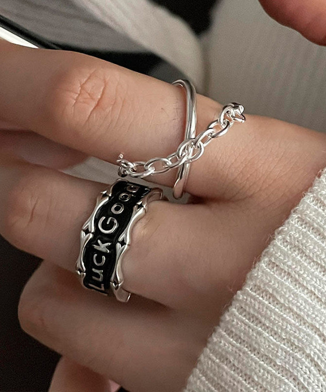Ensemble de deux bagues uniques en argent sterling et soie, motif patchwork graphique - TrendAura