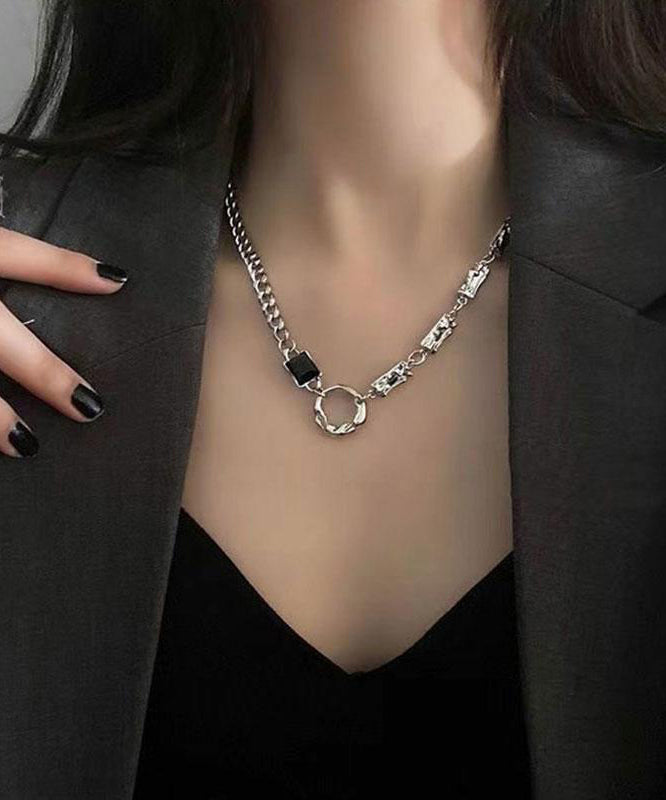Collier sautoir asymétrique unique en soie, argent sterling et obsidienne patchwork - TrendAura
