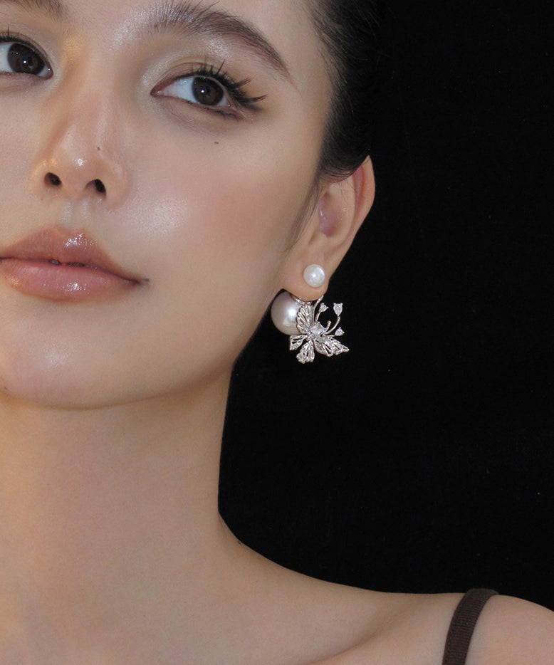 Boucles d'oreilles papillon uniques en argent sterling avec perles blanches - TrendAura