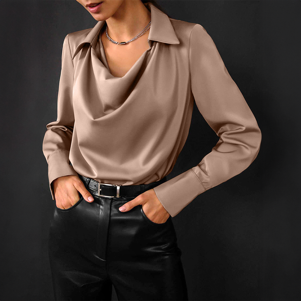 Satin blouse with collar and draped neckline