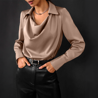 Satin blouse with collar and draped neckline