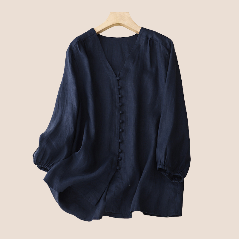 Women's Blouse - Lightweight Cotton Linen - V-Neck Ruffle Edge - Button Closure Long Sleeve