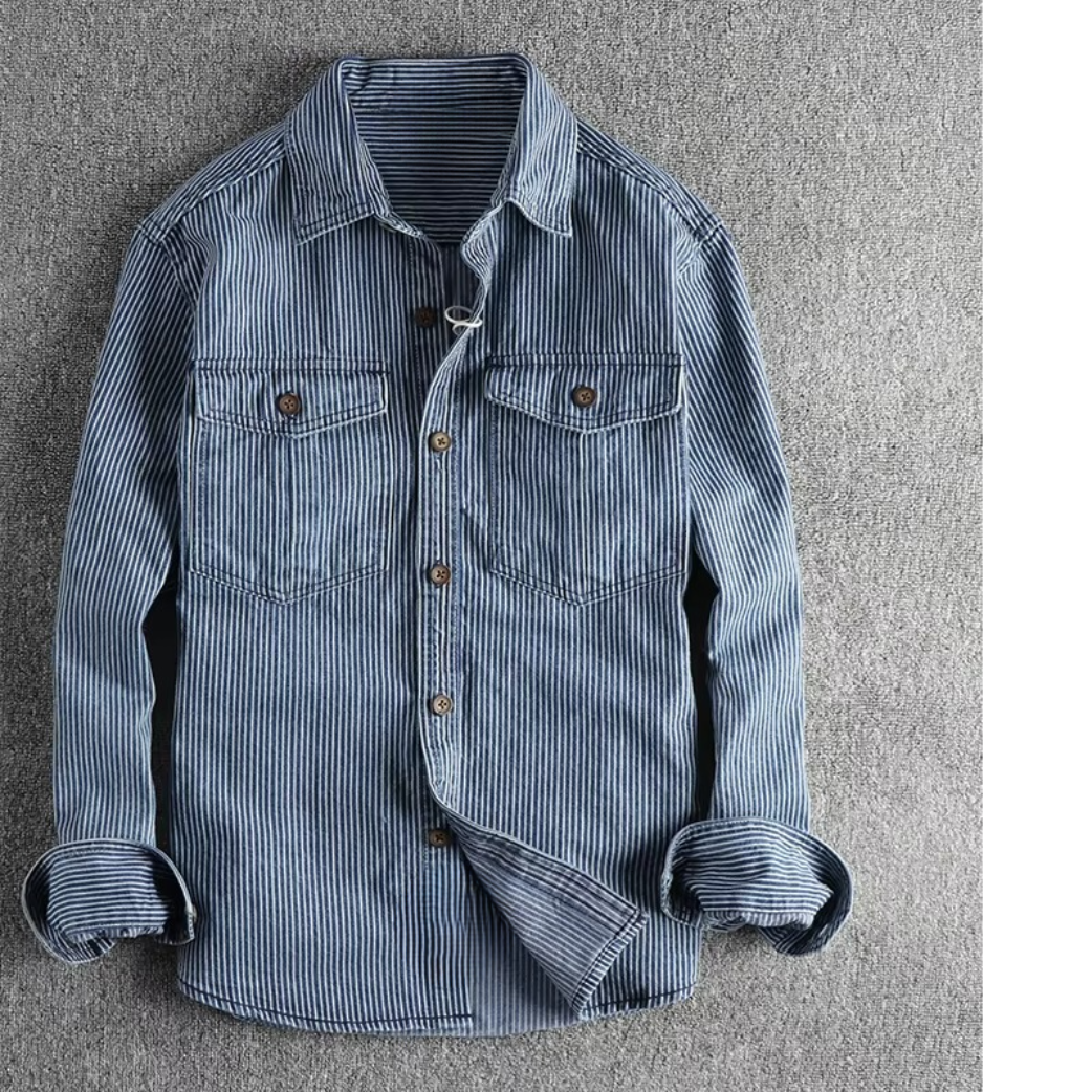 Vintage Washed Striped Denim Cargo Shirt For Men By TrendAura Durable Rugged Workwear Everyday Comfort And Versatile Style