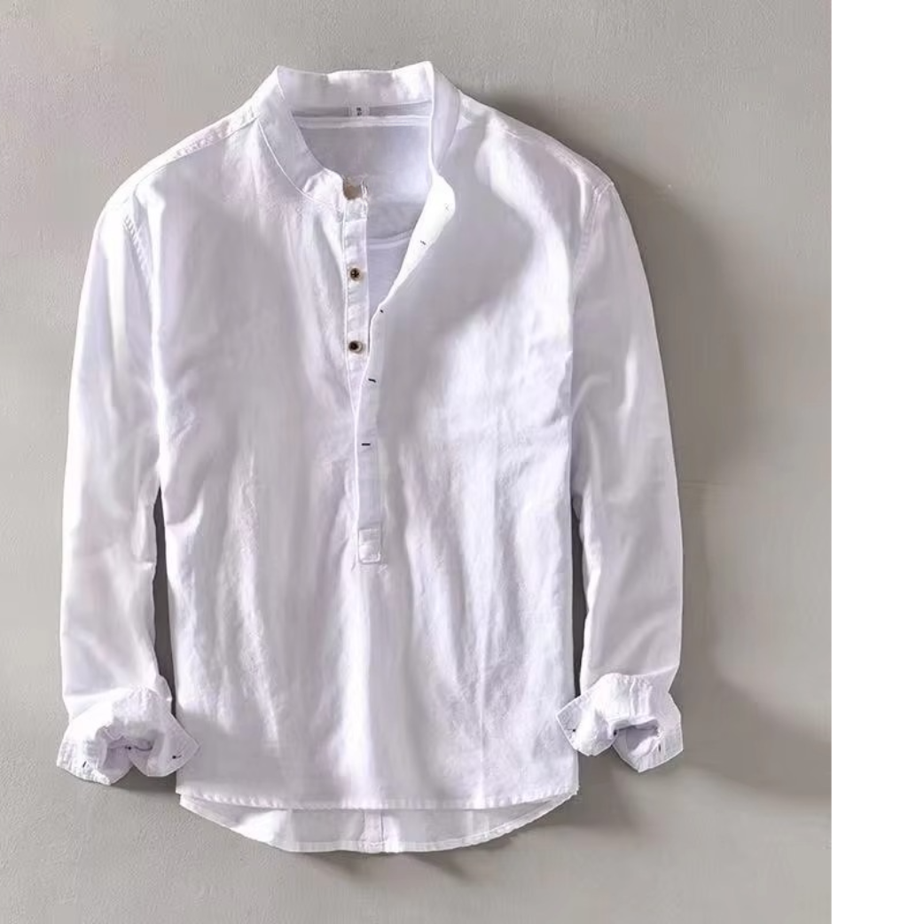 TrendAura Men's Summer Linen Blend Stand Collar Long Sleeve Casual Shirt Breathable 55 Percent Linen Blend