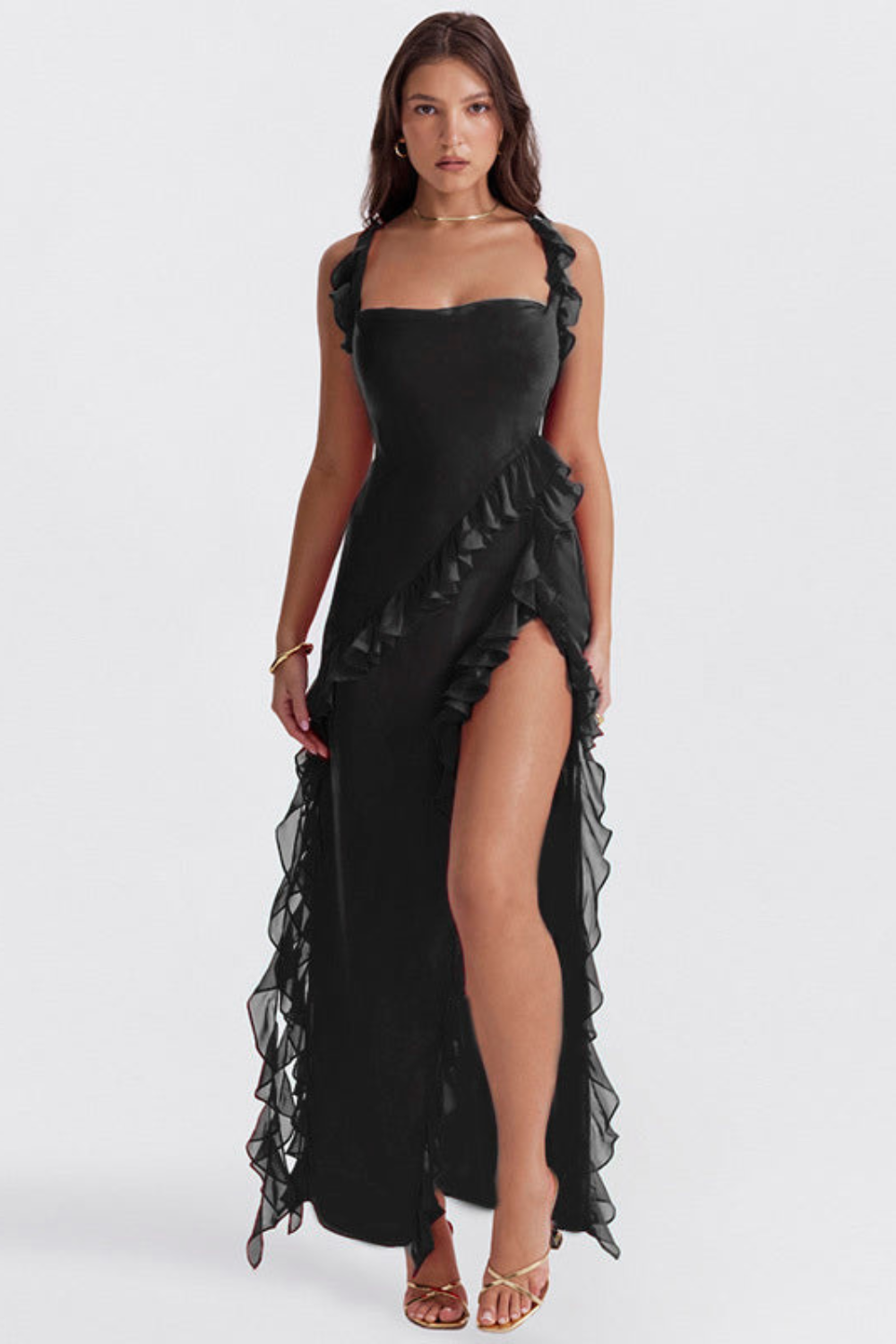 Melantha Ruffled Maxi Dress With Adjustable Straps And High Slit For Confident Stylish Women