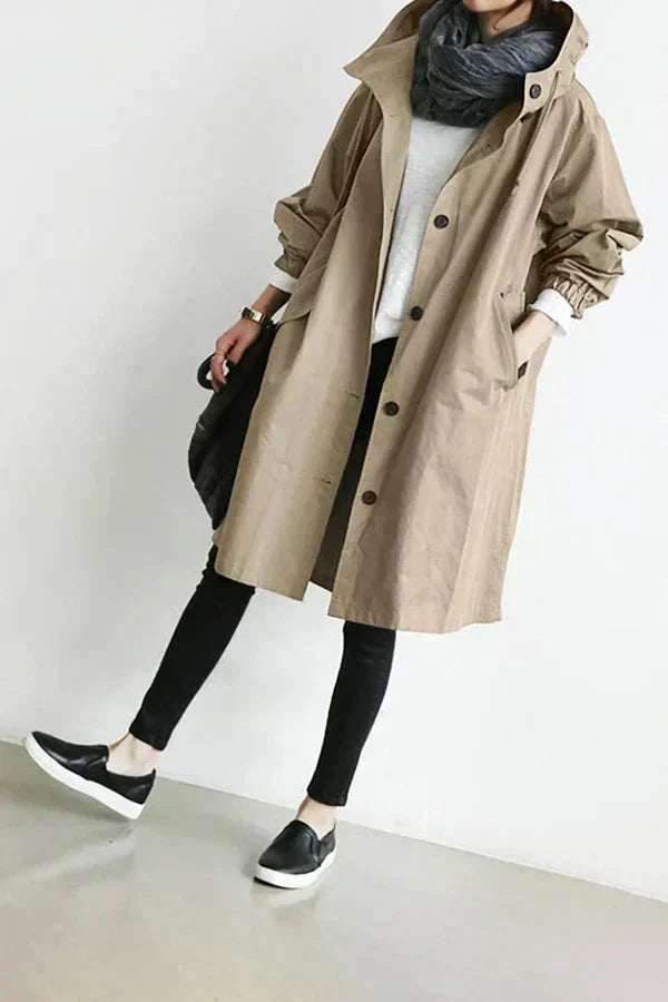 Women's Oversized Rain Jacket with Hood Button Front and Pockets