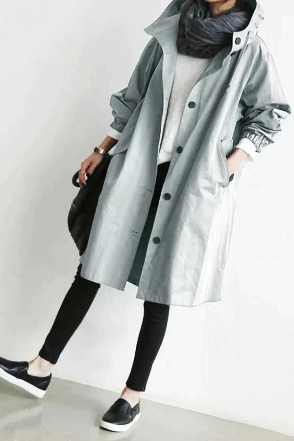 Women's Oversized Rain Jacket with Hood Button Front and Pockets