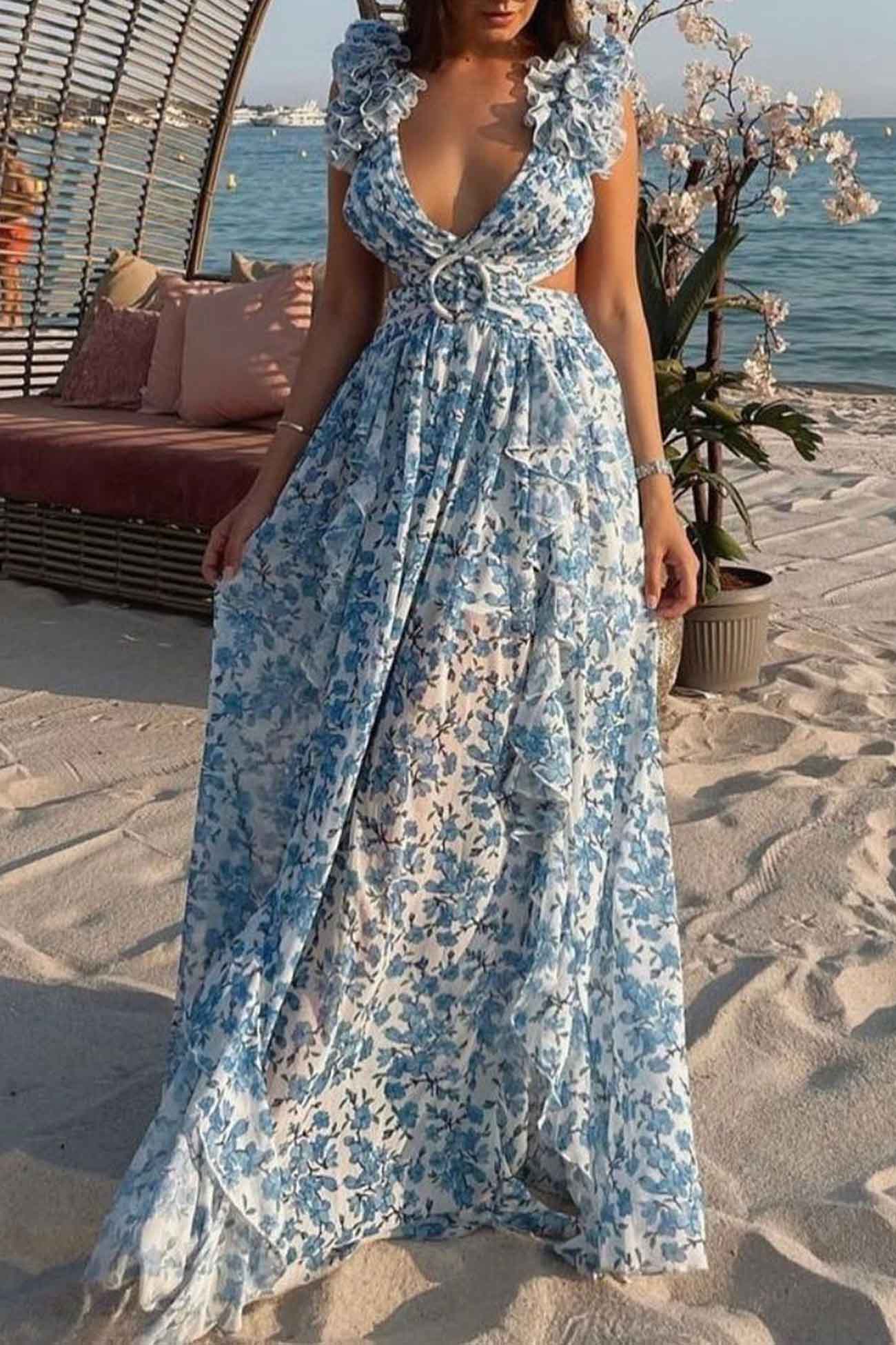 V-Neck Floral Maxi Dress for Women – Elegant & Flowing