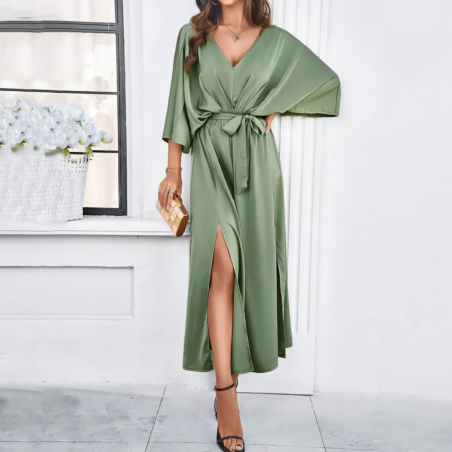 Festive V-neck women's dress for wedding guests and evening occasions