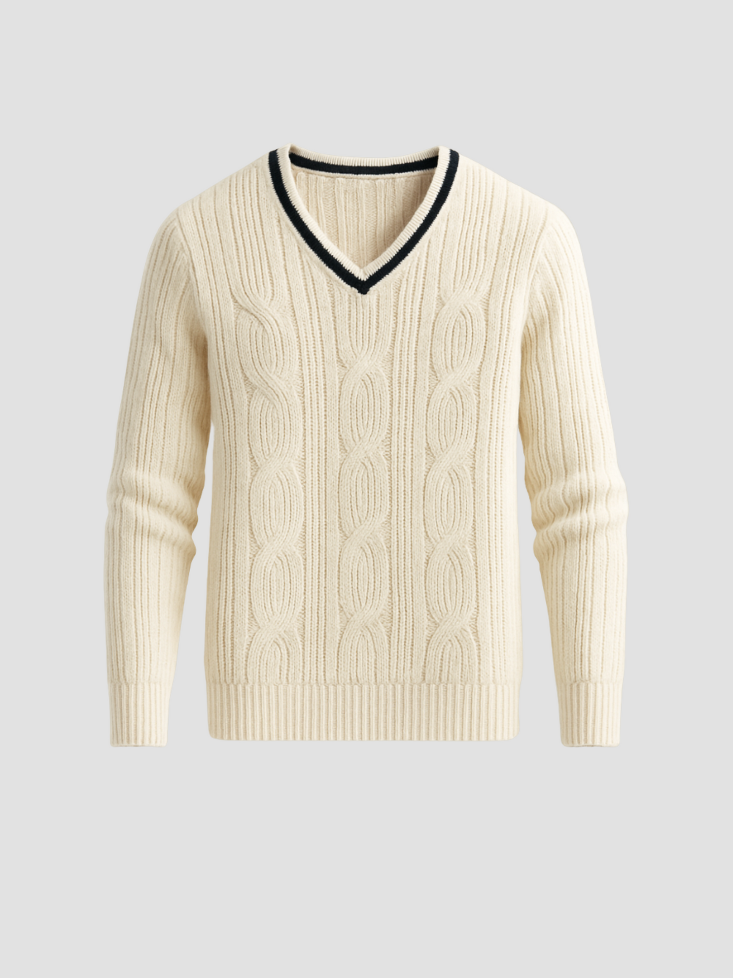 V-knit pullover with V-neck and cable pattern