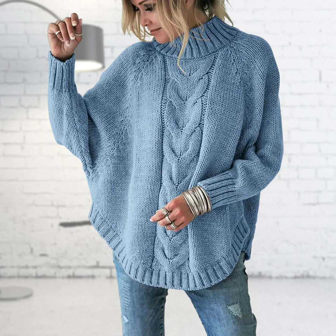 Women's Knitted Jumper | Funnel Collar with Cable Knit Pattern