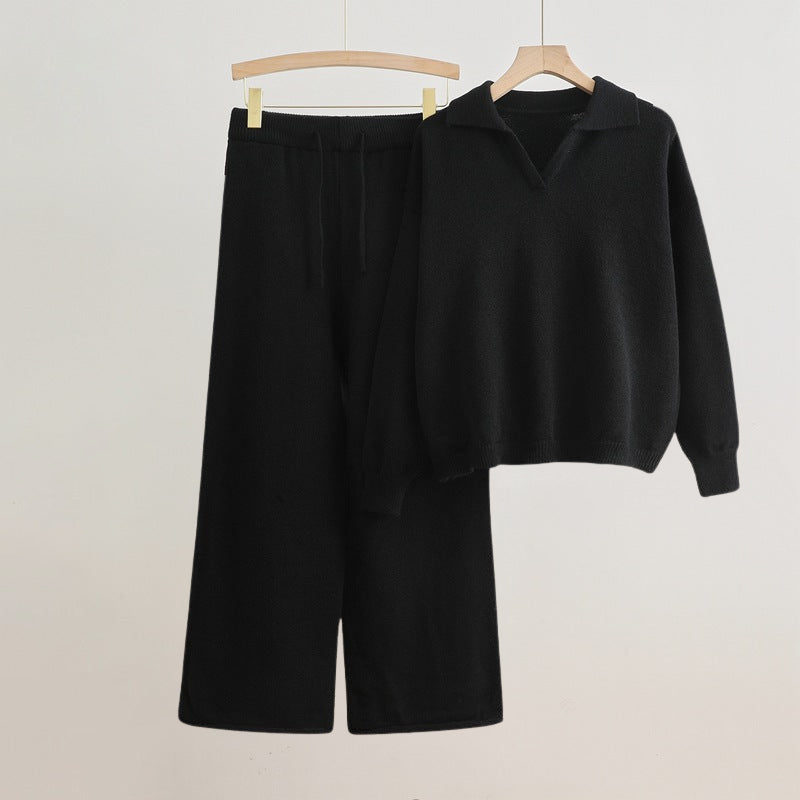 Elise Knit Set Elegant Long Sleeve Top With Wide Leg Pants For Everyday Women Chic Comfort And Style