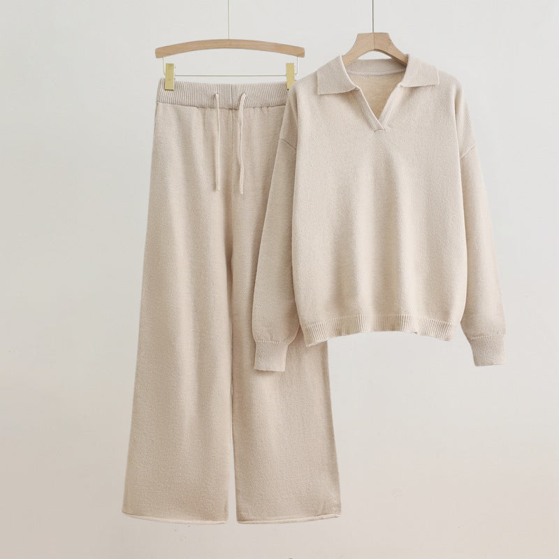Elise Knit Set Elegant Long Sleeve Top With Wide Leg Pants For Everyday Women Chic Comfort And Style