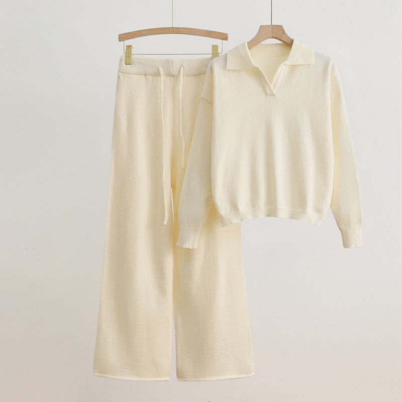 Elise Knit Set Elegant Long Sleeve Top With Wide Leg Pants For Everyday Women Chic Comfort And Style