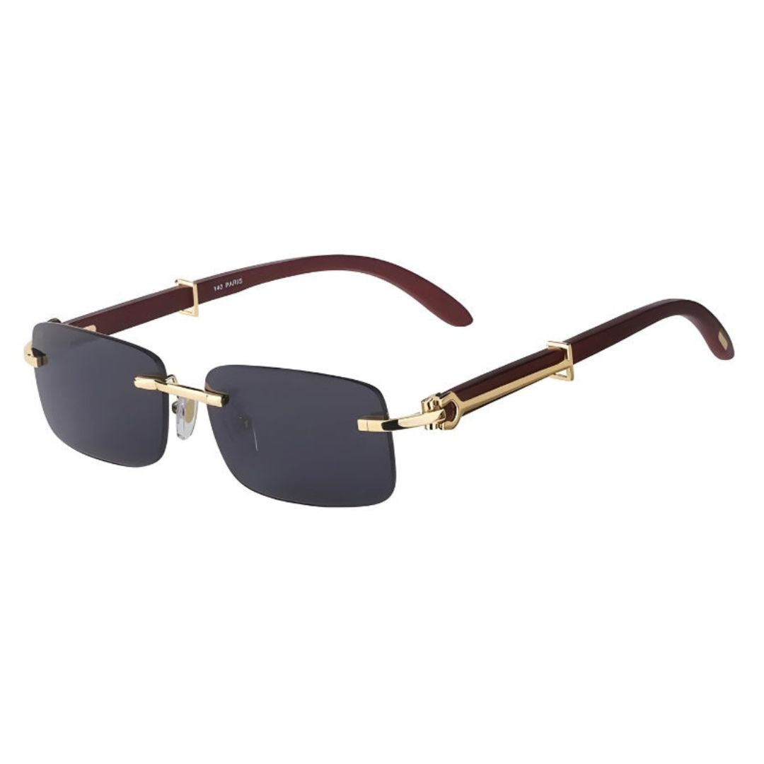 Verona Prestige Rimless Sunglasses Unisex with Gold Tone Accents and Polished Oak Arms by Waylynn