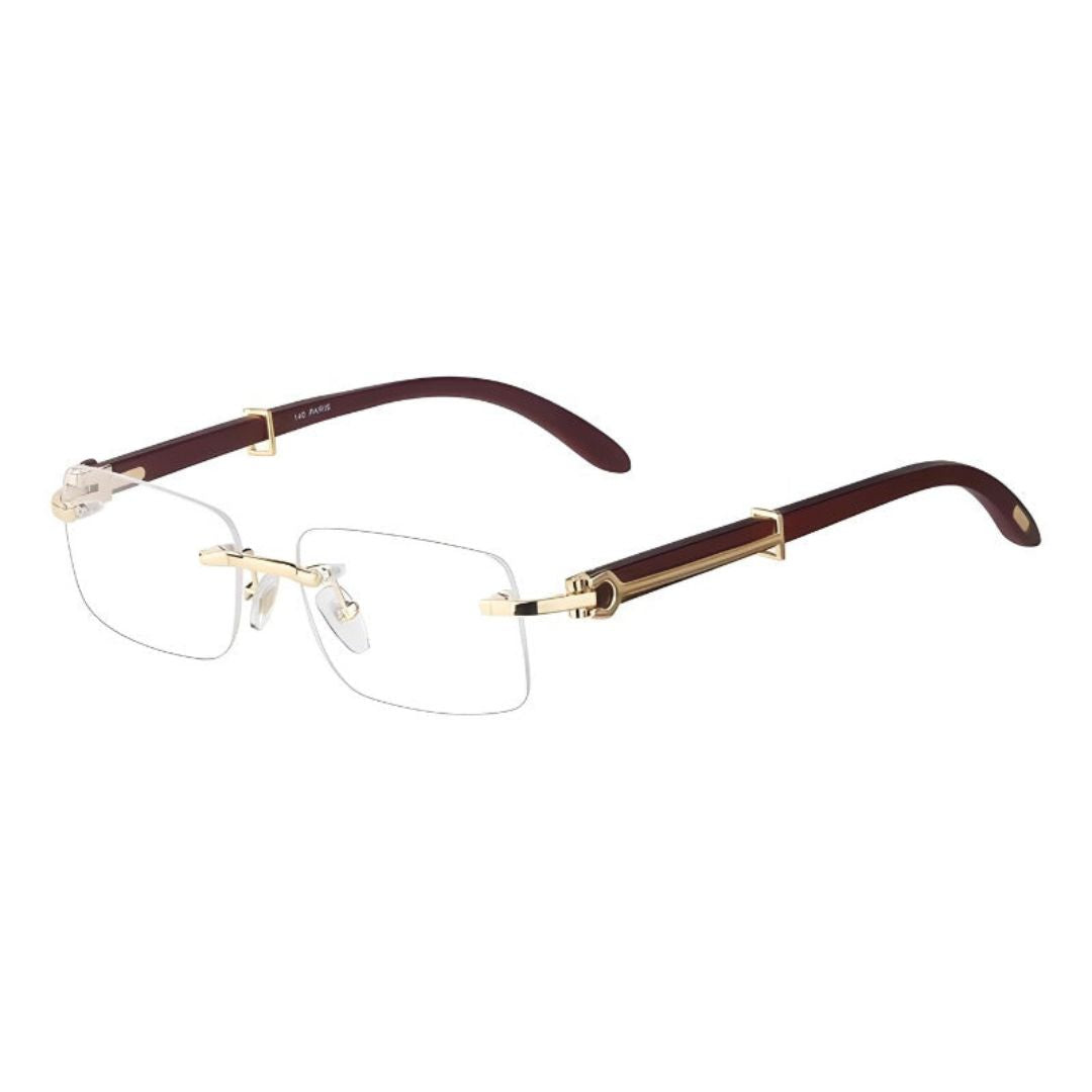Verona Prestige Rimless Sunglasses Unisex with Gold Tone Accents and Polished Oak Arms by Waylynn