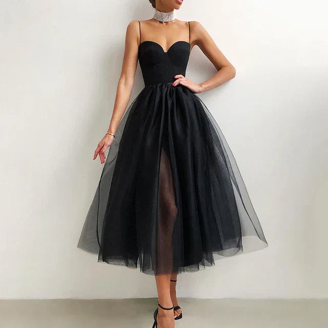 Women's Midi Dress - A-Line Fit - Elegant Tulle Skirt - Sweetheart Neckline