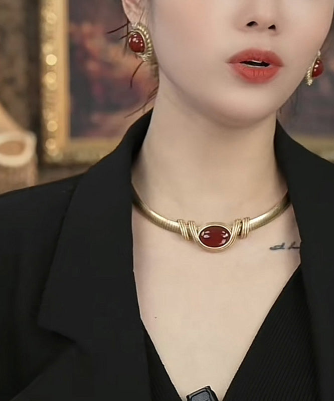 Collier ras du cou vintage en argent sterling noir et agate surdorée - TrendAura