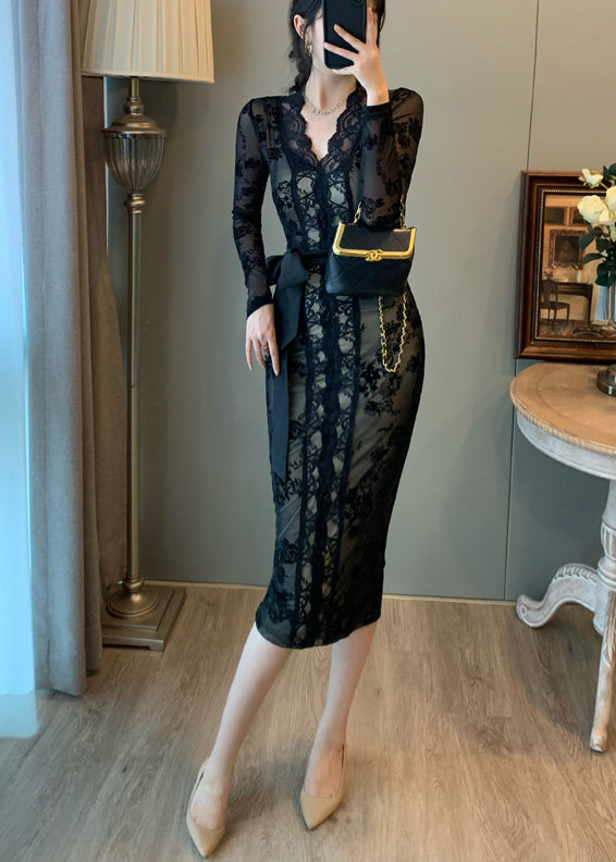 Robe tunique noire vintage en dentelle portefeuille pour l'été - TrendAura