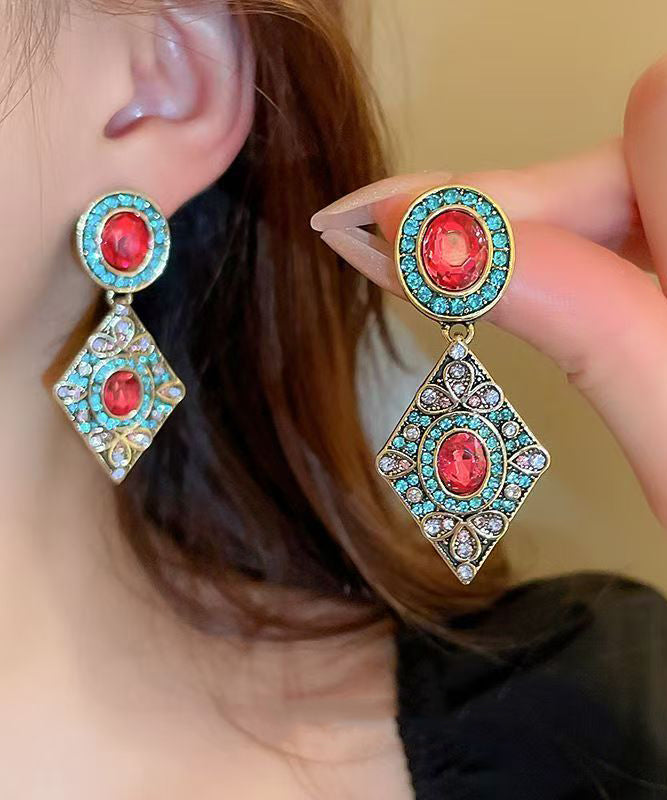 Boucles d'oreilles pendantes vintage en alliage bleu et cristal de zircon en forme de diamant - TrendAura