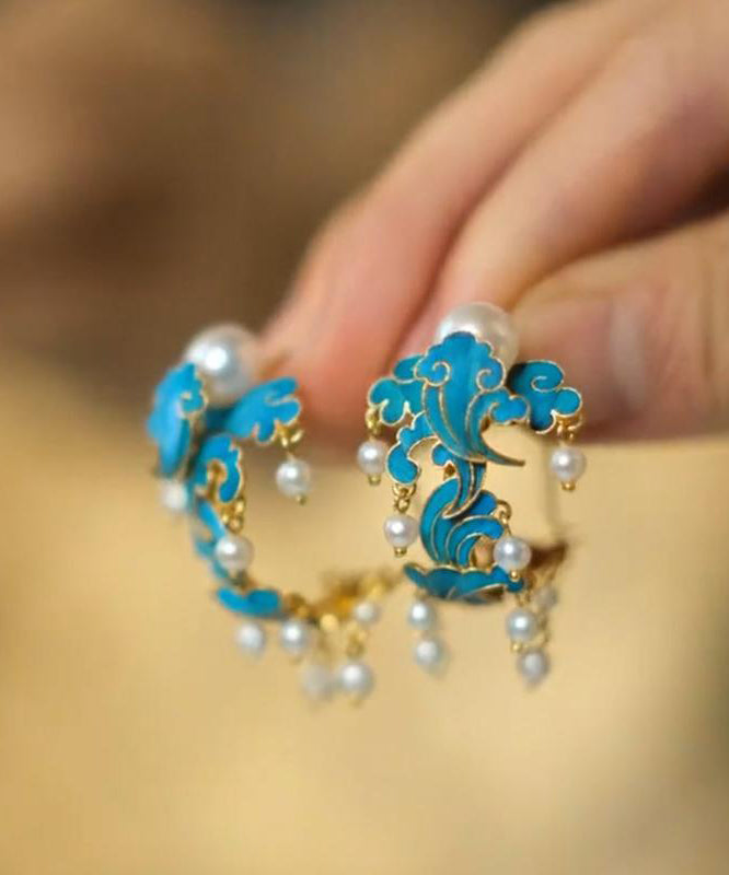 Boucles d'oreilles créoles vintage en argent sterling bleu avec perles et émail cloisonné - TrendAura