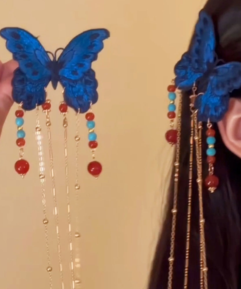 Épingle à cheveux vintage en argent sterling bleu avec pompon et papillon surdoré - TrendAura