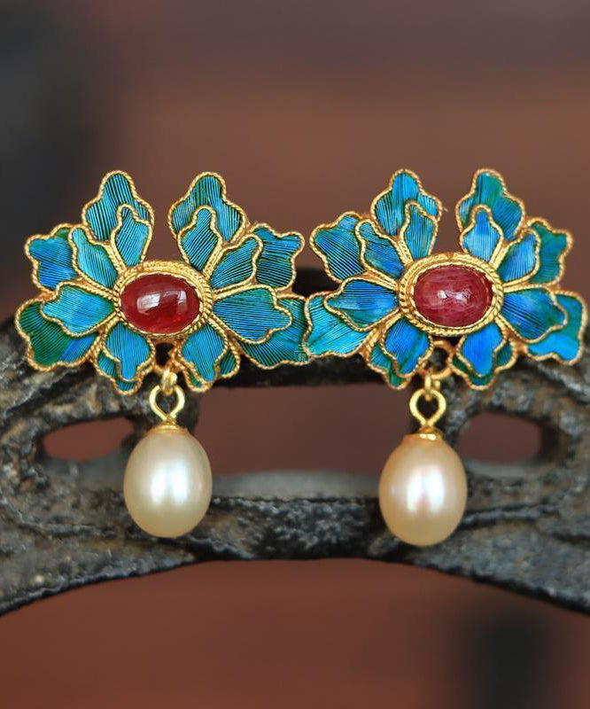 Boucles d'oreilles pendantes en argent sterling et agate cloisonnée avec perles bleues vintage - TrendAura
