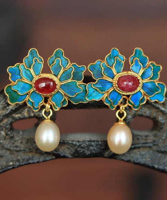 Boucles d'oreilles pendantes en argent sterling et agate cloisonnée avec perles bleues vintage - TrendAura