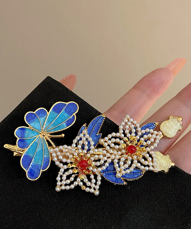 Épingle à cheveux florale cloisonnée en argent sterling bleu vintage avec perles dorées - TrendAura